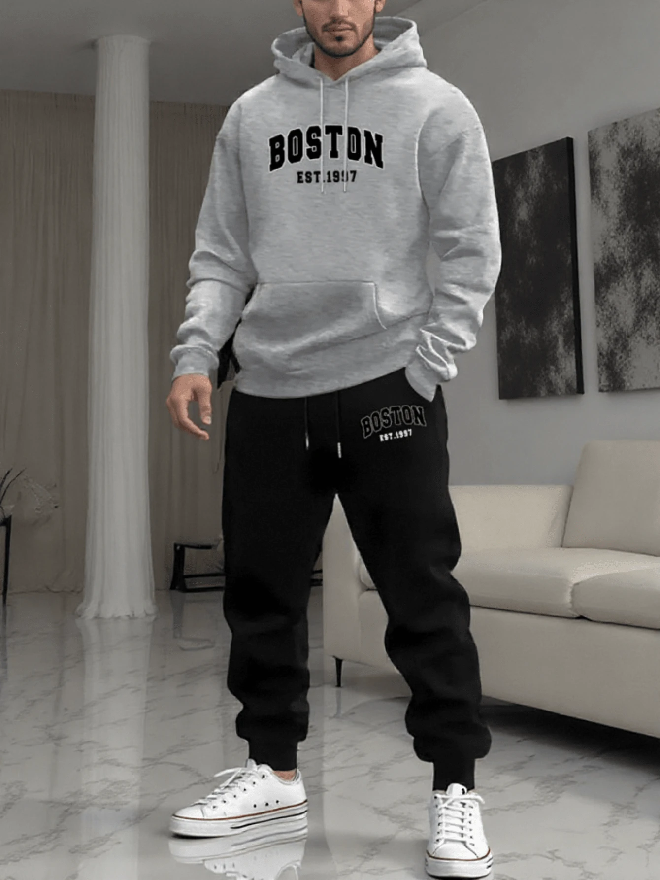 Boston Est. 1917 Conjunto de sudadera con capucha para hombres de poliéster - Estilo deportivo, conjunto de entrenamiento con patrón geométrico y bolsillos, tela de punto con ajuste regular, leve estiramiento para primavera/otoño - Gris Claro - Ver 1