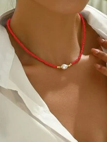 1 chiếc vòng cổ choker đính hạt nhiều màu cổ điển tối giản, thích hợp cho các bữa tiệc và trang phục hàng ngày của phụ nữ - Đỏ - Xem 4