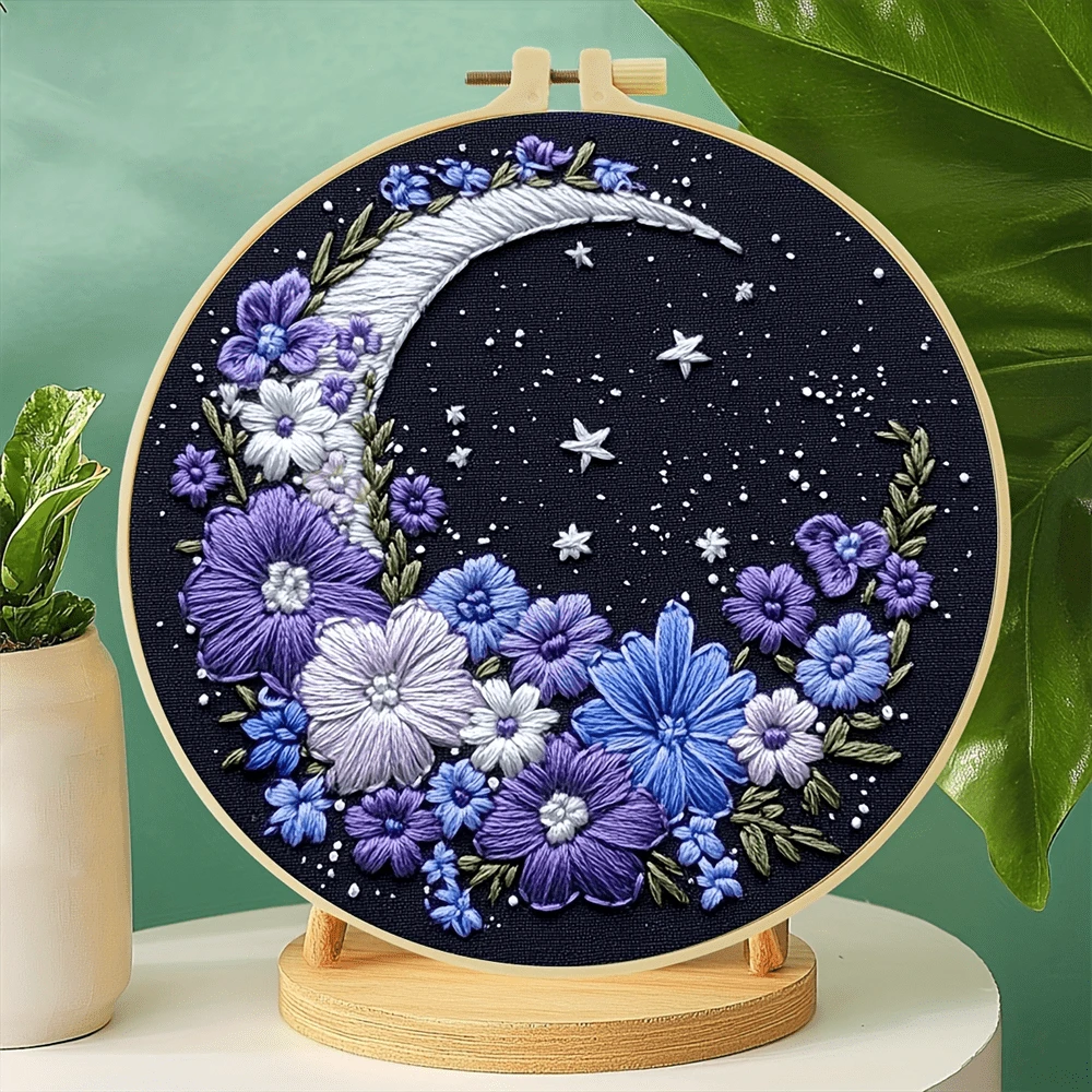 1件 20*20cm/7.9*7.9in 月亮花卉刺繡套件，DIY手工刺繡套裝，適合成人初學者，居家禮物，女性縫紉禮物，包含使用說明書、印花布料、刺繡框、針與線