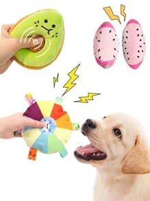 3Pcs Dog Sound Toys, Nibbling Plush Toys, Watermelon Avocado Shape. Simple And Cute, Colorful Flywheel Toys, Suitable For Cats, Dogs And Other Dogs To Play And Bite, Plush Fabric, Soft And Comfortable, Can Protect The Mouth Of Pets, Excellent Material, Strong And Bite-Resistant, A Variety Of Styles To Choose From