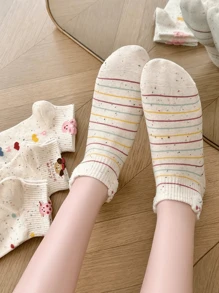 5 Pairs Dot Yarn Women Short Socks Fashion Cute Cartoon Pattern Spring/Summer Sweat Absorbing Breathable Casual Sport Socks