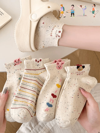 5 Pairs Dot Yarn Women Short Socks Fashion Cute Cartoon Pattern Spring/Summer Sweat Absorbing Breathable Casual Sport Socks