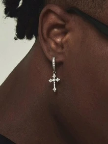 1pc Rhinestone Embellished Rhinestone Cross Earrings, Niche Design, Sophisticated & - Silver - View 3