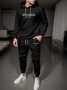 Conjunto de sudadera de manga larga de impresión 3D para hombre casual y deportivo de alta calidad color beige con letra - Negro - Ver 1