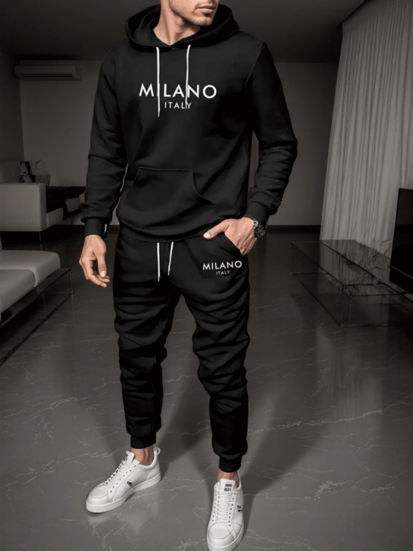 Conjunto de sudadera de manga larga de impresión 3D para hombre casual y deportivo de alta calidad color beige con letra - Negro - Ver 1