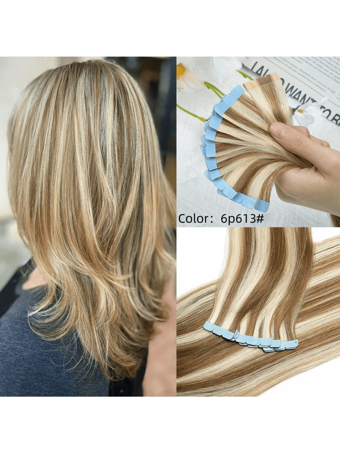 10pcs/Pack Mini Tape-In Hair Extensions, Real Human Hair, Highlighted Blonde, Invisible Skin Weft, Non-Remy, Tape-In Hair Extensions