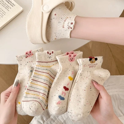 5 Cặp Vớ Ngắn Chấm Bi Thời Trang Họa Tiết Hoạt Hình Dễ Thương Cho Mùa Xuân/Hè Thấm Hút Mồ Hôi Thoáng Khí Vớ Thể Thao Thường Ngày