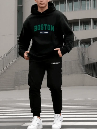 Conjunto de sudadera con capucha para hombre Boston Est 1997, chándal deportivo de poliéster con bolsillos, sudadera con capucha informal de punto holgado de otoño/invierno con estampado y pantalones de chándal, conjunto de salón de punto holgado de manga larga