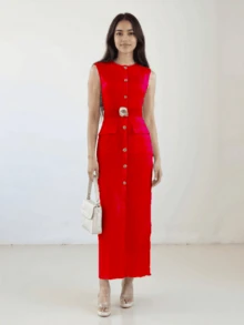 HZXVIC Women's New Black Gold Button Sleeveless Dress For Actresses, Elegant Style, Waist Cinching And Slimming A-Line Dress, Workplace Battle Robe#OfficeChic - Red - View 5