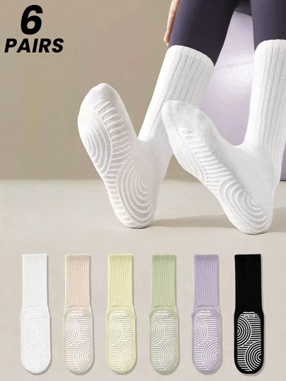 6 Pairs Women Sports Yoga Mid-Calf Socks, Women Pilates Non-Slip Yoga Socks For Dance, Gym, Workout, Ankle Socks