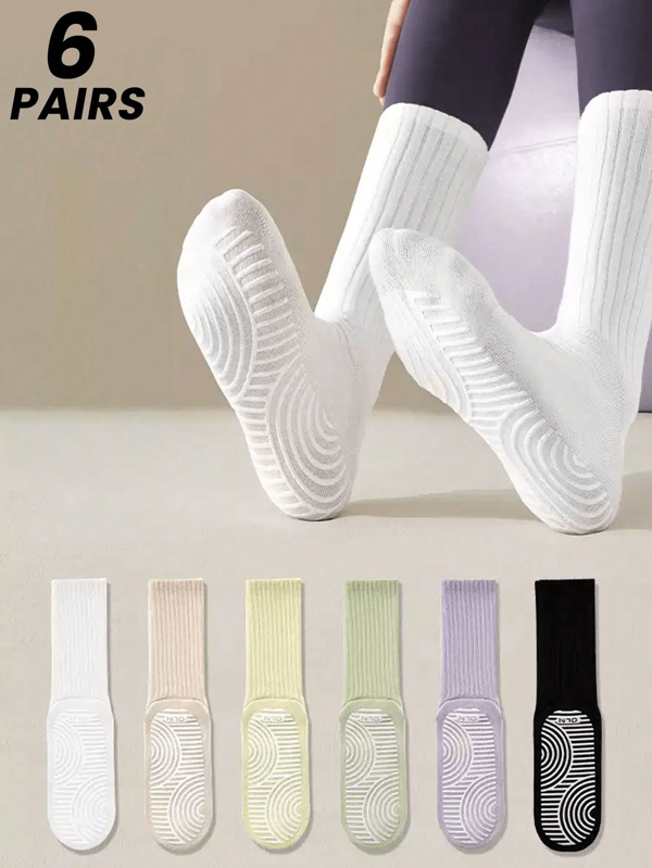 6 pares de meias femininas esportivas de ioga até a panturrilha, meias femininas antiderrapantes para pilates e ioga para dança, academia, treino, meias até o tornozelo