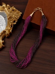 Bohemian Multi-Layer Bead Handmade Braided Necklace, Versatile Casual Wear - Rice Bead Necklace - View 4