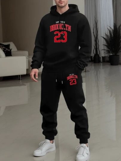 Conjunto de sudadera y joggers Brooklyn 23 para hombre, sudadera casual con patrón geométrico, conjunto deportivo de poliéster con bolsillos, ajuste regular, temporada primavera/otoño, tejido de punto.