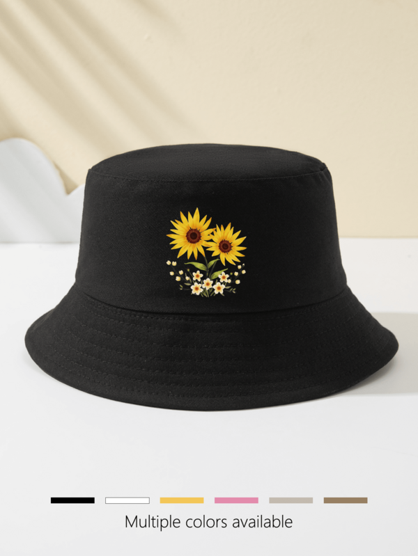 1pc Women Sunflower Print Bucket Hat, Outdoor Sports Travel Beach Essential, Breathable Fashion Versatile Sun Hat, Festival Gift