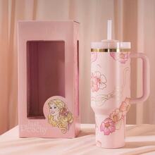 Compatible With Stanley 40 Oz H2.0 Tumbler With Handle, Double Walled Vacuum Insulated Stainless Steel Water Bottle Premium Summer Drinkware Portable Handy Flask Travel Mug Iced Coffee Cup For Outdoor Camping, Hiking, Driving, Travel, Perfect Gift Idea - Pink Flower - View 2