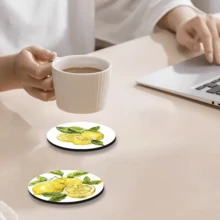 6 件装硅藻土饮料杯垫，6 件装彩色吸水杯垫，适用于各种杯子，防滑桌面杯垫，带有艺术印花、柠檬图案、厨房装饰、柔软家居配件