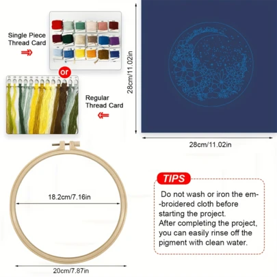 1 pièce Kit de broderie, 20x20cm/7,9x7,9 pouces Fleur et lune, kit de broderie fait main DIY, convient aux débutants adultes, comprenant le manuel d'instructions, le tissu imprimé, le cadre de broderie, l'aiguille et le fil