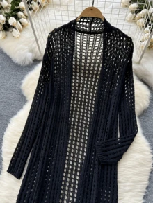 Áo khoác cardigan dệt kim thời trang thường ngày dành cho nữ, màu trơn, dáng rộng, thiết kế khoét rỗng, kiểu dáng thanh lịch, phong cách Bohemian, thích hợp cho kỳ nghỉ biển, mùa xuân/hè. Màu đen. - màu đen - Xem 2