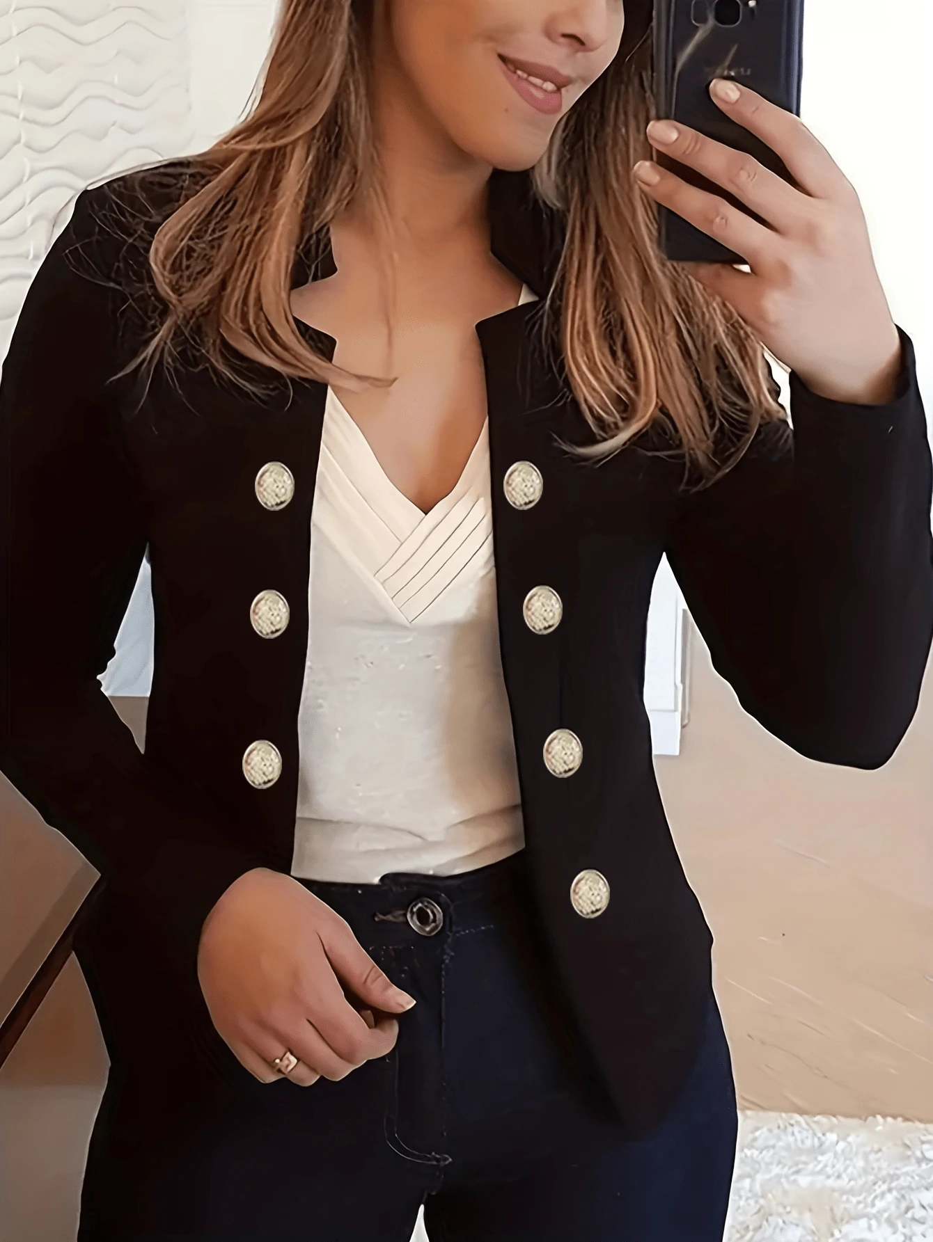 Blazer/Chaqueta de punto de mujer de unicolor de doble botonadura, de manga larga, para uso casual y oficina, otoño