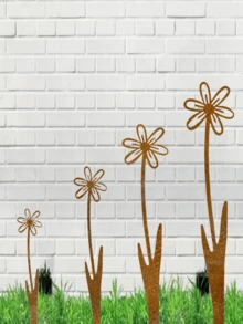 4 szt. zardzewiałych metalowych palików do kwiatów - zardzewiała sztuka ogrodowa, dekoracyjne akcenty trawnikowe, zewnętrzne metalowe dekoracje roślinne na patio, trawnik i ogród, dekoracje patio