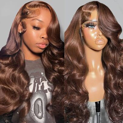 Chocolate Brown Colored 13x4 Lace Front Human Hair Fiber Mix Wigs Body Wave Transparent Lace Frontal Wigs Brown Hair 200 Density Thicker Wig For Women(Bob Wig 6inch)