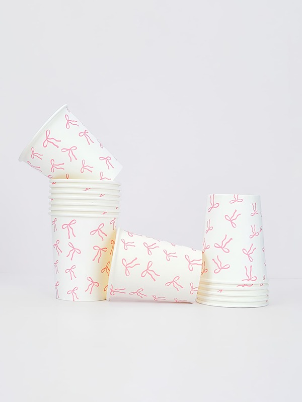 10pcs/20pcs/50pcs Pink Bow Paper Cups 9oz Disposable Hot And Cold Beverage Drinking Cups For Bow Birthday Party Supplies