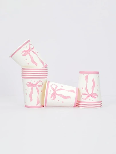 10 قطع/ 20 قطعة / 50 قطعة كاسات ورقية للقهوة مستهلكة باللون الوردي مزينة بفيونكة ، لحفلات الزفاف وأعياد الميلاد وأعراس الحمام والحفلات الدعوية