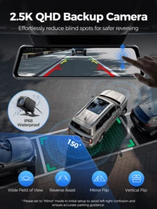 Azdome 12" Rear View Mirror Camera, 4K Full Touch Screen Mirror Dash Cam With ADAS, BSD And LCA, Dual Camera Front 4K And Rear 2.5K Waterproof Backup Camera, 5GHz WiFi, GPS, Voice Control, 24 Hours Parking Mode, 64GB Card Included - 黑色 - 查看 4