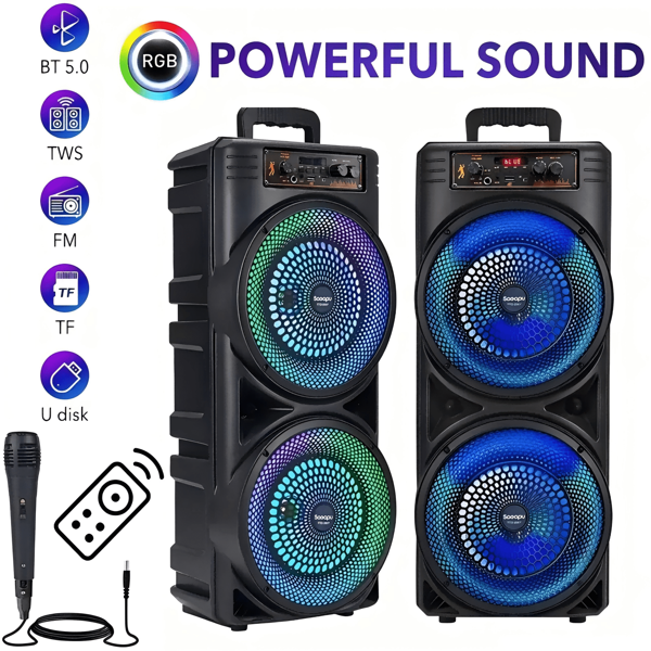 Sistema audio 6000W con doppio subwoofer da 8", sistema per feste con Bluetooth, bassi potenti, microfono senza fili e luci RGB. Ricaricabile USB, supporto FM/scheda TF per feste, karaoke, eventi di ballo. Telecomando e luci RGB.