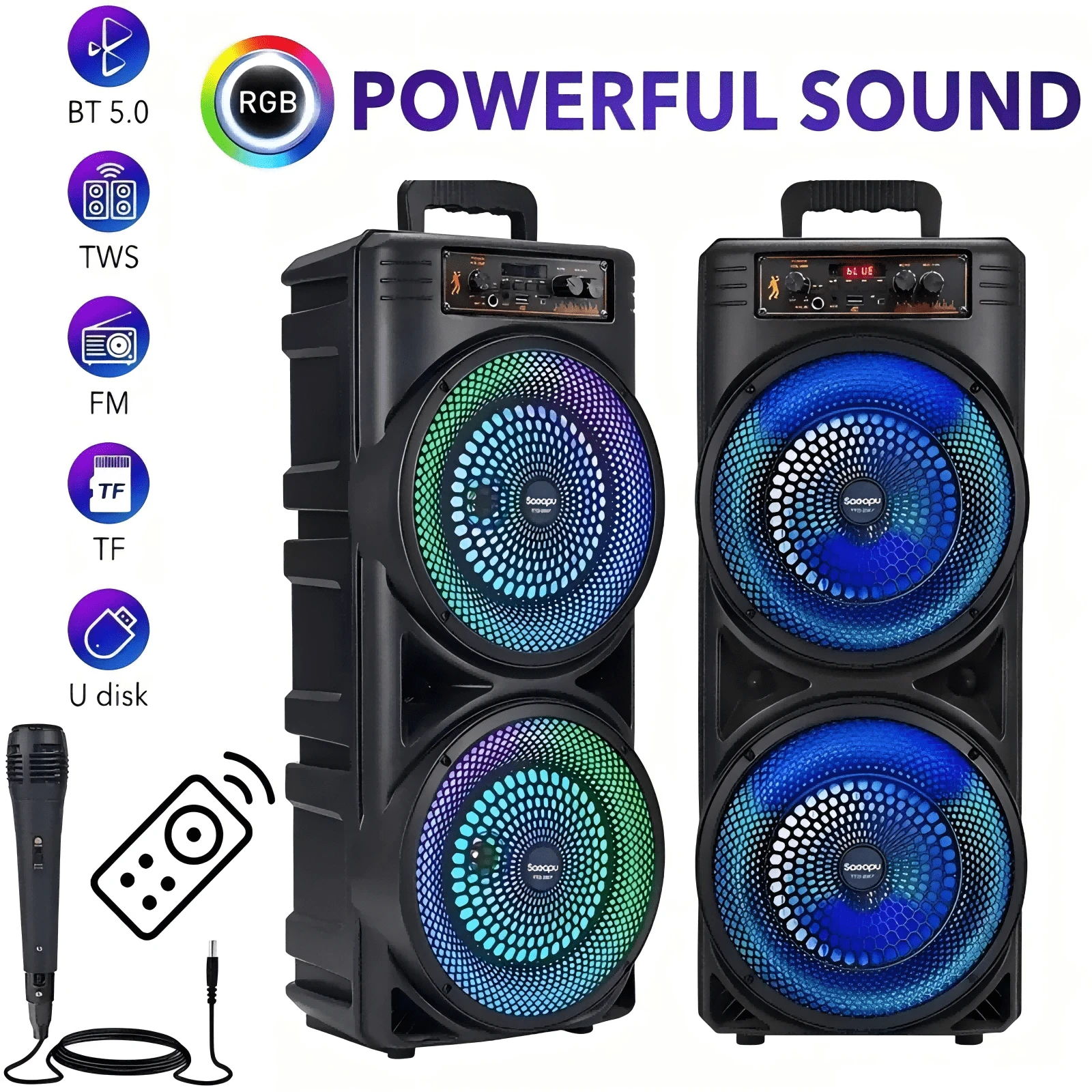 Sistema de altavoces Bluetooth de 6000W con subwoofer dual de 8 pulgadas, sistema de sonido potente con graves intensos, sistema con micrófomo inalámbrico, iluminación RGB, compatible con USB recargable, FM/tarjeta TF, ideal para fiestas, karaoke y eventos de baile, con control remoto.