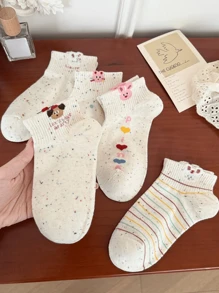 5 Pairs Dot Yarn Women Short Socks Fashion Cute Cartoon Pattern Spring/Summer Sweat Absorbing Breathable Casual Sport Socks