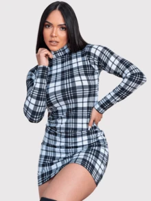 Women's Sheath Dress, Tight Fit Short, Plaid, Long Sleeve, High Neck, Elegant - Đen và trắng - Xem 2