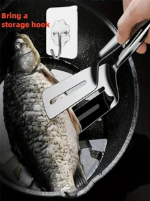 2-In-1 Stainless Steel Multipurpose Fish Spatula - Premium Stainless Steel Fish Spatula And Tongs - Non-Stick, Heat Resistant, Multifunctional Kitchen Tool For Frying Fish, Flipping And Steak Handling - Suitable For Home And Restaurant Kitchen, Fish Frying Spatula, Outdoor Grill Tool, BBQ Spatula, BBQ Tongs