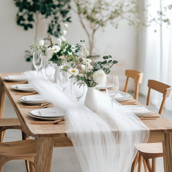 1 peça/2 peças elegante decoração de mesa de tule branco transparente com arranjo floral, material de poliéster durável adequado para casamentos, festas de noivado, Ano Novo, Dia dos Namorados e Natal - decoração de atmosfera romântica interna/externa, decoração de cerimônia de casamento, adorno de entrada de feriado, aparência requintada