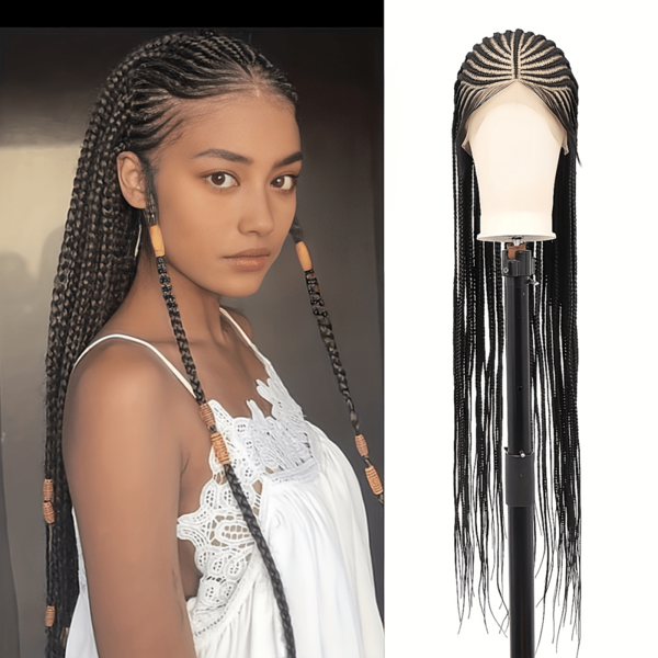 Perruque tressée à lacet complet pour femmes, perruque tressée en cornrows, perruque tressée en boîte, perruque à tresses avec partie centrale, perruque à tresses frontales en dentelle mélangée 36 pouces noire