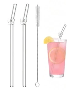 6er Pack wiederverwendbare Glas-Trinkhalme mit Schleifen-Charm - bruchsichere gebogene Trinkhalme Set + Reinigungsbürste - elegante Trinkhalme für Cocktails, Smoothies & kalte Getränke (20cm)