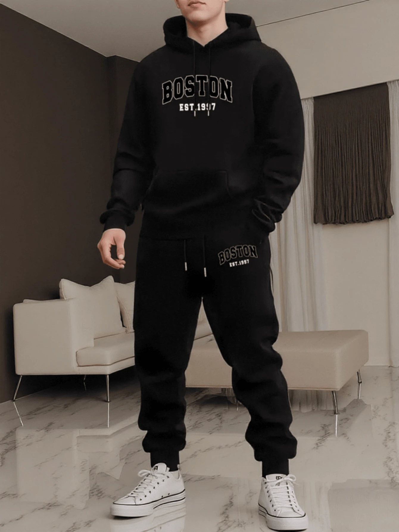 Men Hoodie Co-Ords - Black - View 1