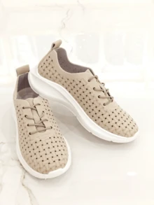 RevReaL Lightweight Knit Lace-Up Sneakers with Contrast Sole純色Preppy學院 - 米色 - 查看 2