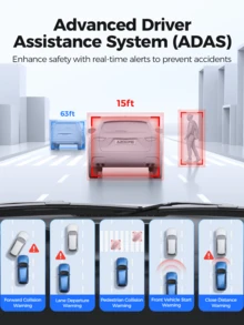 Azdome 12" Rear View Mirror Camera, 4K Full Touch Screen Mirror Dash Cam With ADAS, BSD And LCA, Dual Camera Front 4K And Rear 2.5K Waterproof Backup Camera, 5GHz WiFi, GPS, Voice Control, 24 Hours Parking Mode, 64GB Card Included - 黑色 - 查看 7