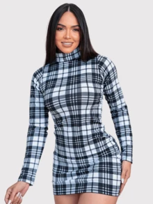 Women's Sheath Dress, Tight Fit Short, Plaid, Long Sleeve, High Neck, Elegant - Đen và trắng - Xem 4