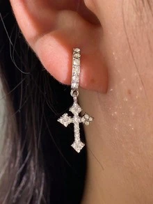 1pc Rhinestone Embellished Rhinestone Cross Earrings, Niche Design, Sophisticated & - Silver - View 2