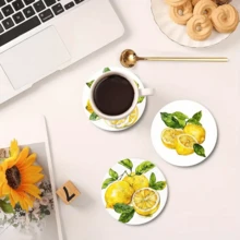 6 件装硅藻土饮料杯垫，6 件装彩色吸水杯垫，适用于各种杯子，防滑桌面杯垫，带有艺术印花、柠檬图案、厨房装饰、柔软家居配件