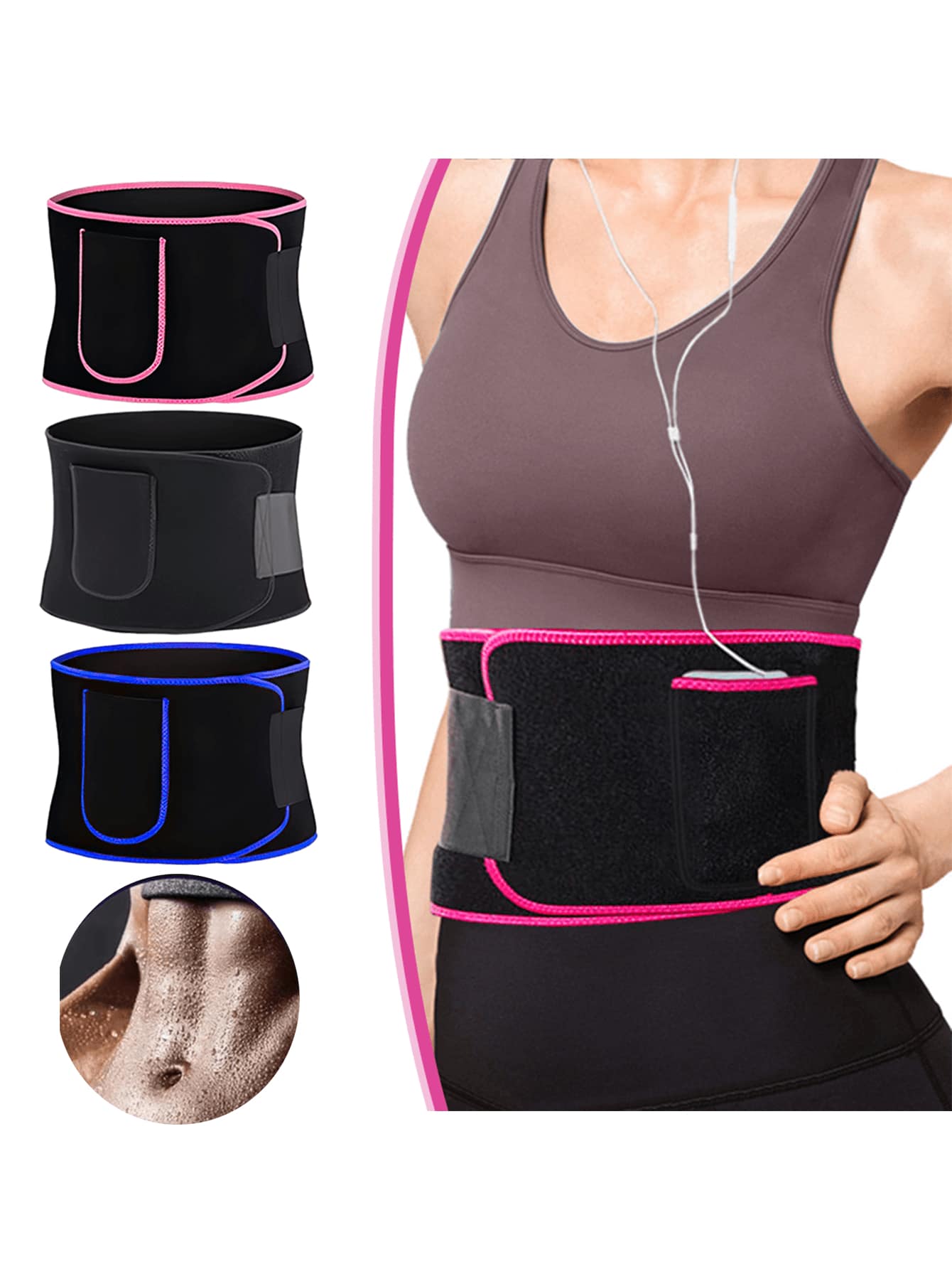 حزام يوجا يحفز على التعرق لحماية العضلات البطنية مع فتحات تنفس ، من نوع يناسب الجنسين ، بجيب لياقة بدنية ، مزود بأيونات الفضة لحماية الخصر