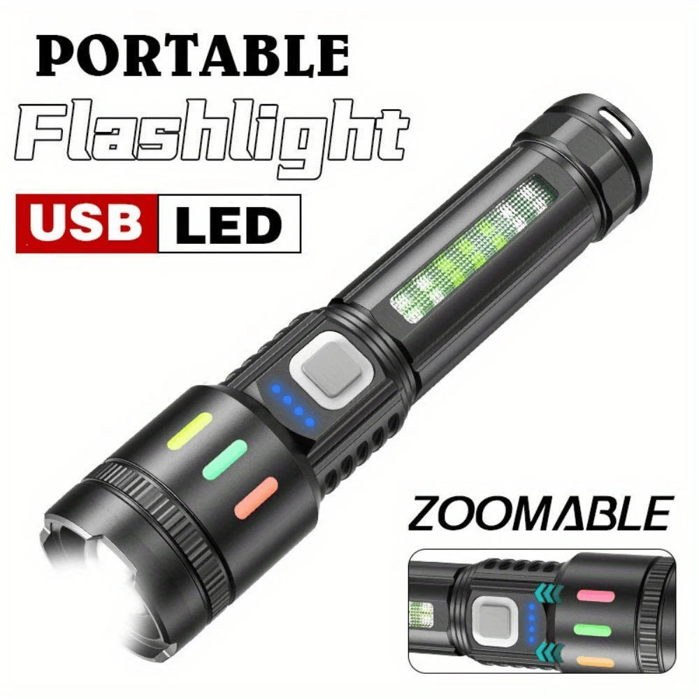 1pc High Power Strong Light LED Flashlight With Power Display Handheld Torch With Side Light Powerful LED Flashlight Torch For Camping Hiking - Black - View 1