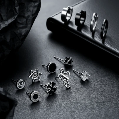 1pc/12pcs Titanium Steel Earrings, Men's Earrings Set, Cool And Fashionable Earrings, Street All-Match Earrings, Women's Street Hip-Hop Simple Earrings, Accessories Suitable For Men's Daily Wear, Christmas, New Year, Valentine's Day, Easter Holiday Gifts