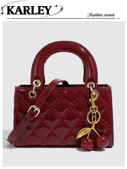 1 Stück Handtasche aus PU-Leder, burgunderroter Farbton, vielseitiger gesteppter Lackleder Shopper, strukturierte Mini Geldbörse, modische Schulter Umhängetasche mit geometrischem Muster