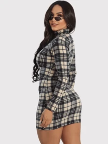 Women's Sheath Dress, Tight Fit Short, Plaid, Long Sleeve, High Neck, Elegant - Màu be - Xem 2