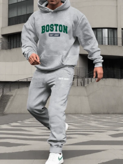 Conjunto de sudadera con capucha para hombre Boston Est 1997, chándal deportivo de poliéster con bolsillos, sudadera con capucha informal de punto holgado de otoño/invierno con estampado y pantalones de chándal, conjunto de salón de punto holgado de manga larga