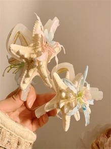Um novo tipo de presilha de cabelo com flor de concha marinha, adequado para penteados durante férias na praia. Possui um formato de coque que fica na parte de trás da cabeça e vem com uma presilha de cabelo. O adereço de cabeça apresenta um design em forma de tubarão com um lado rosa e um lado azul. É um presente para as senhoras e adequado tanto para uso diário quanto para styling de moda.
