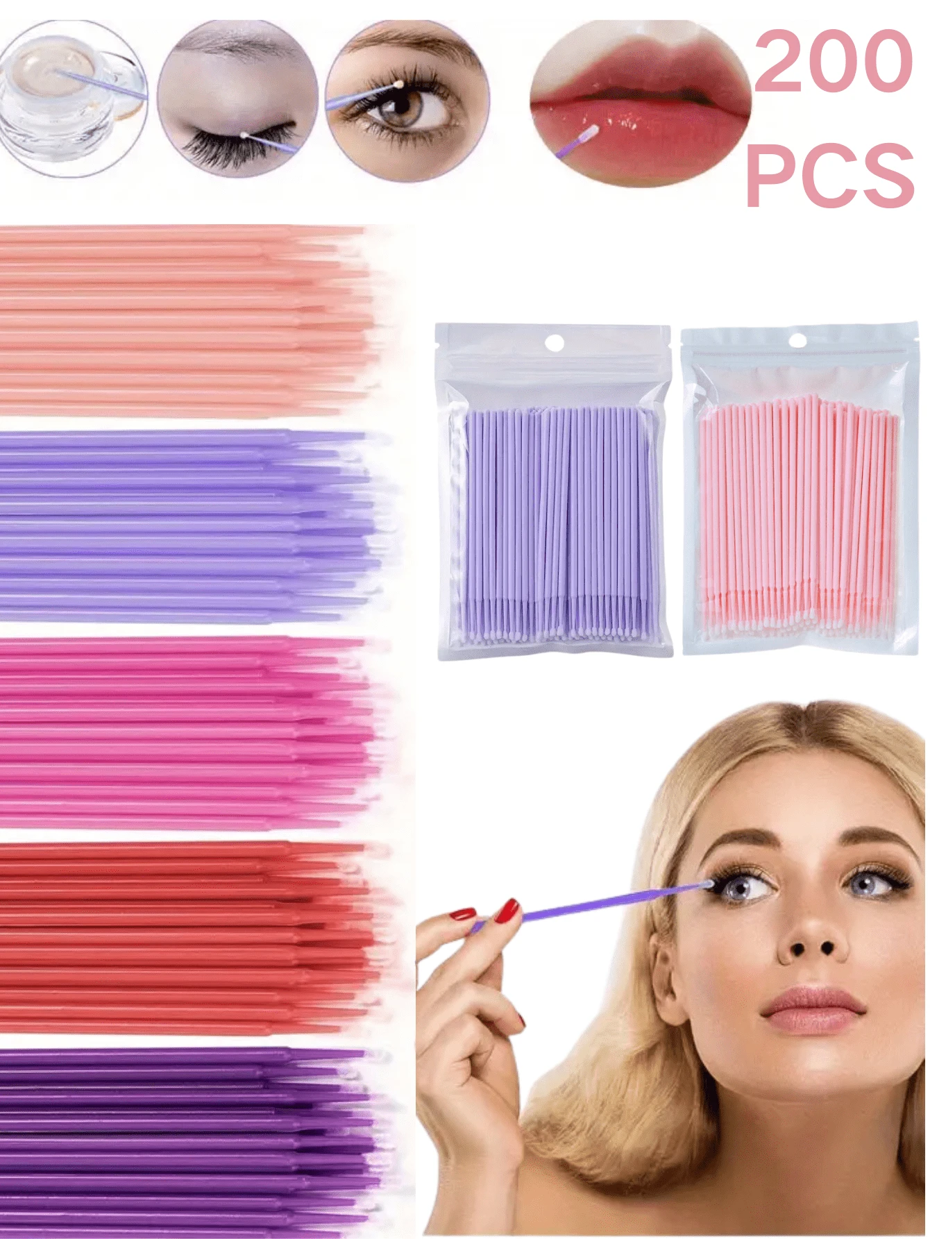 200 Stücke (rosa und lila) Micro-Applikatoren Pinsel für Makeup und Körperpflege, Micro-Wattestäbchen für Wimpernverlängerungen, Lippenstift und präzise Makeup-Anwendung (Kopfdurchmesser: 2mm)